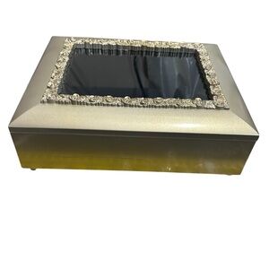 Gold toned Jewelry Trinket Box glass ~10” x‎ 9” Floral trim Velvet Lined footed